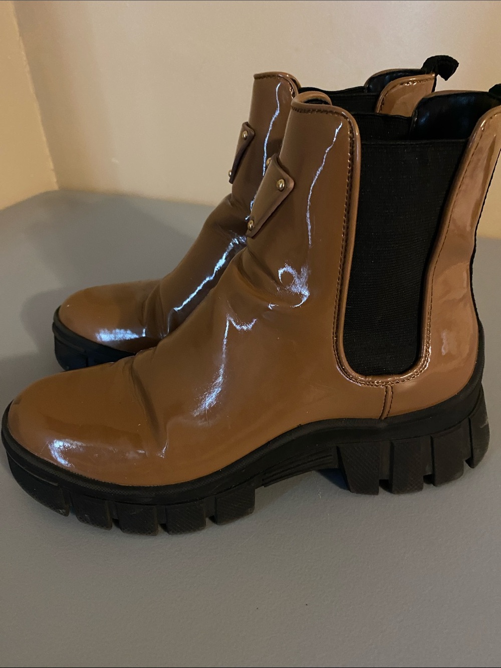 Guess Glossy Brown Boots with Gold Triangle Logo